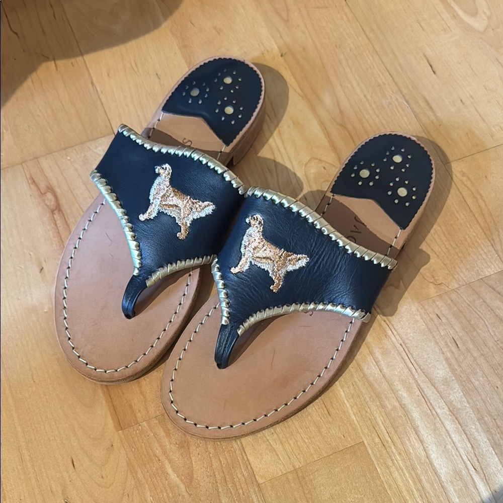 Navy and Gold Dog Embroidered Jack Rogers Sandals
